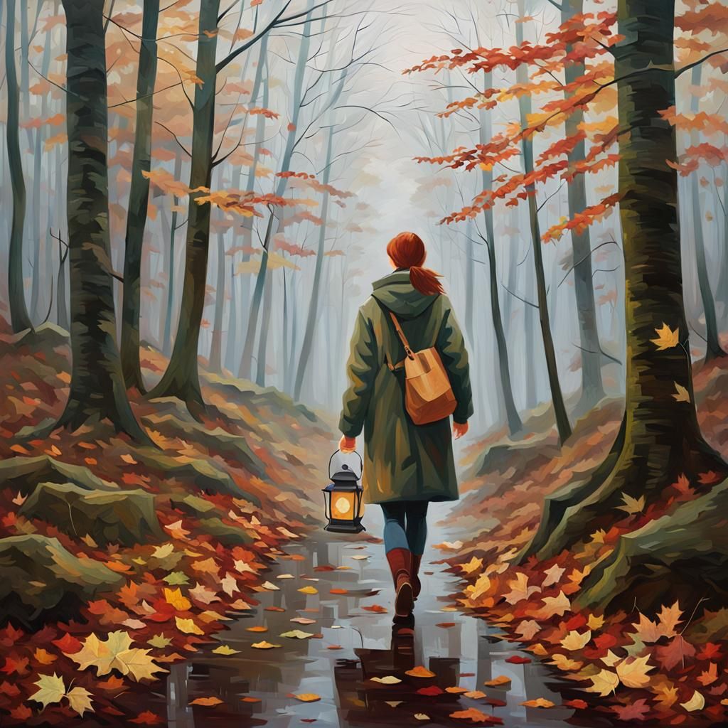 Autumn Forest Path: Oil Painting in Impressionist Style