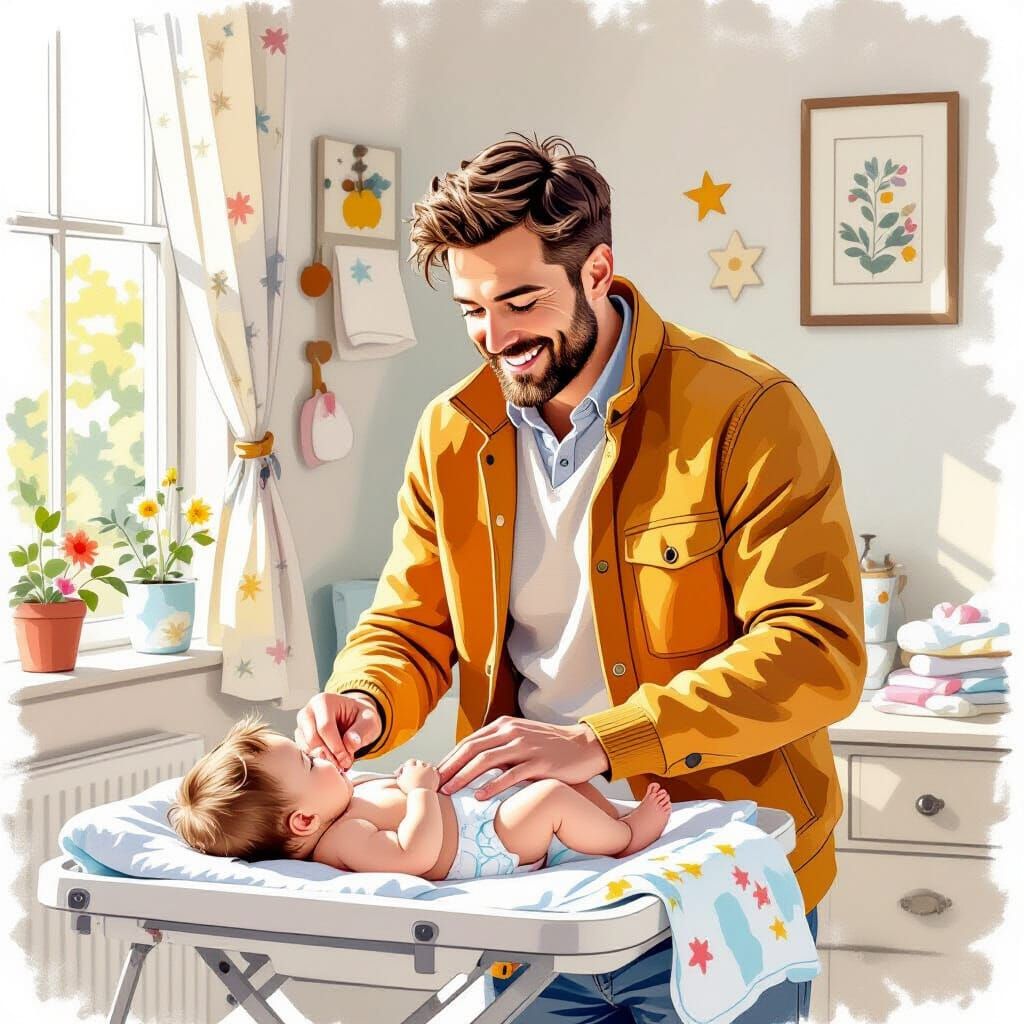 Loving Father Changing Diaper, Whimsical Art Style