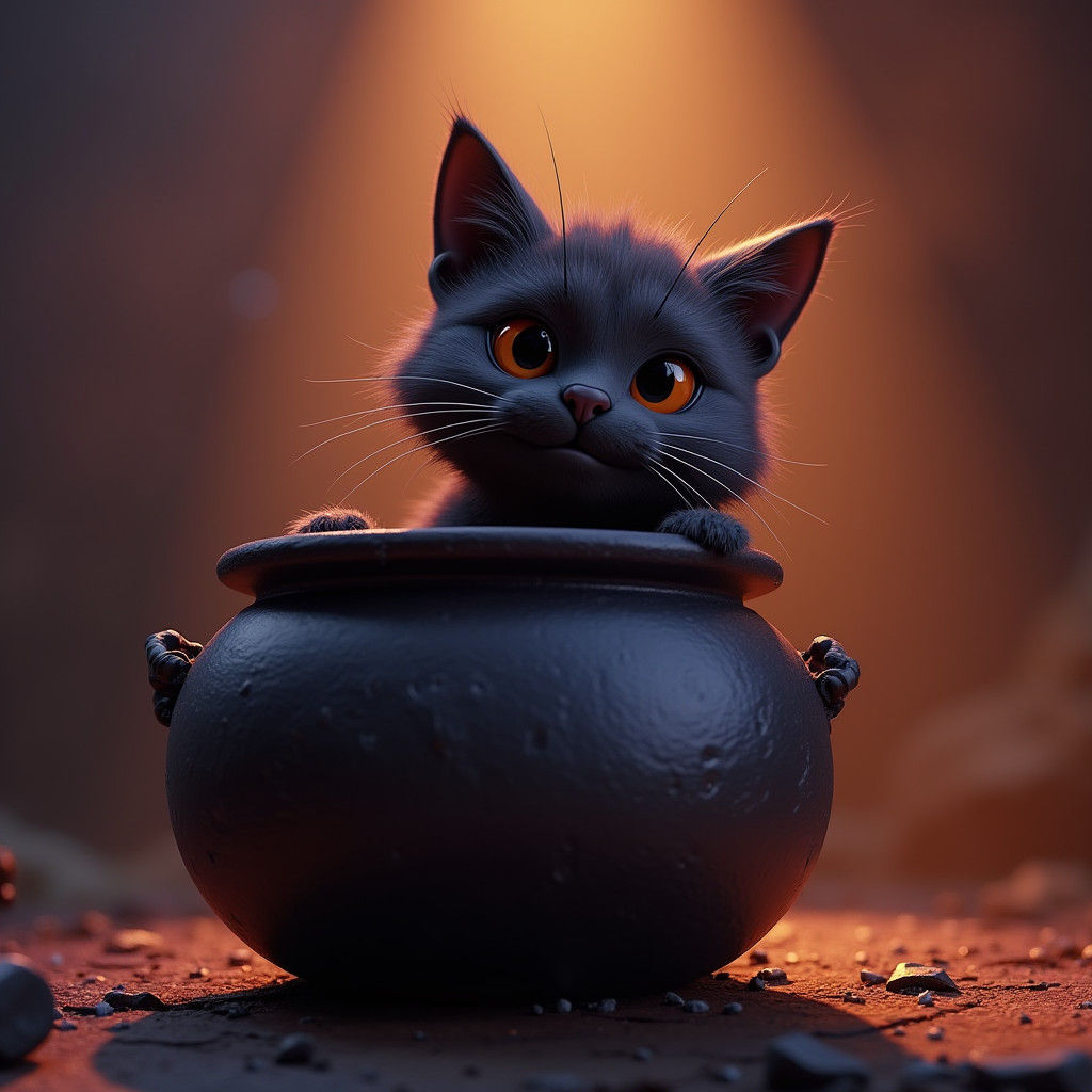 Black Cat at Witch's Cauldron: Pixar-Style 3D Art