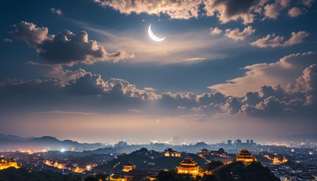 Night Scene of Ancient Chinese City with Moon