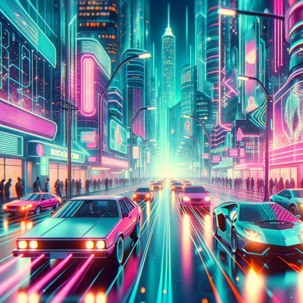 Futuristic Blockchain Cityscape in Neon Cyberpunk Style