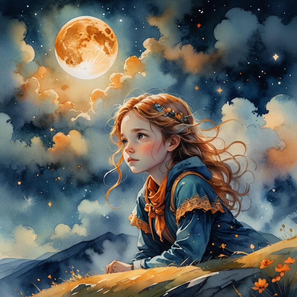 Little Girl Gazing at Moon and Stars in Watercolor