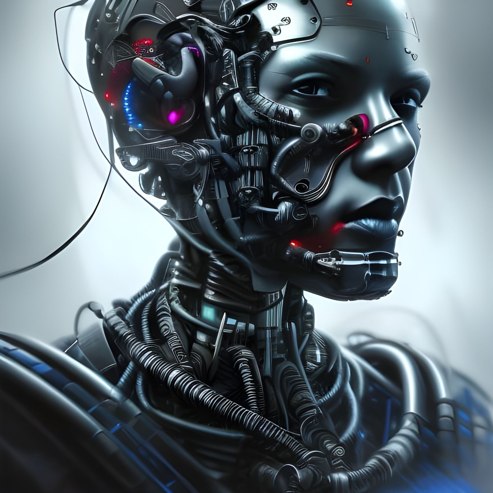 Cybernetic Warrior Portrait in Cyberpunk Dystopia