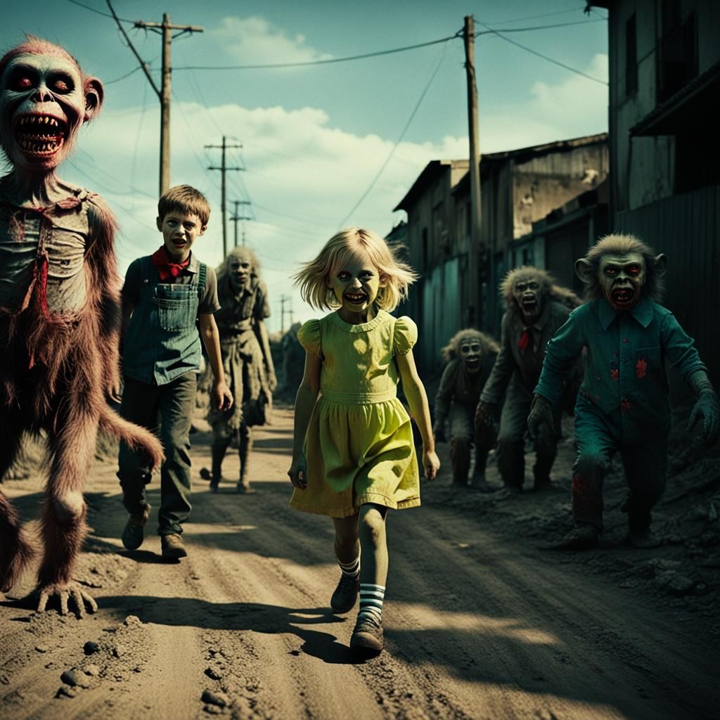 Eerie Zombie Monkey Clowns Greet Blond Child