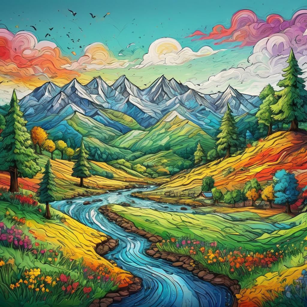 Hyperrealistic Child's Doodle: Country Landscape