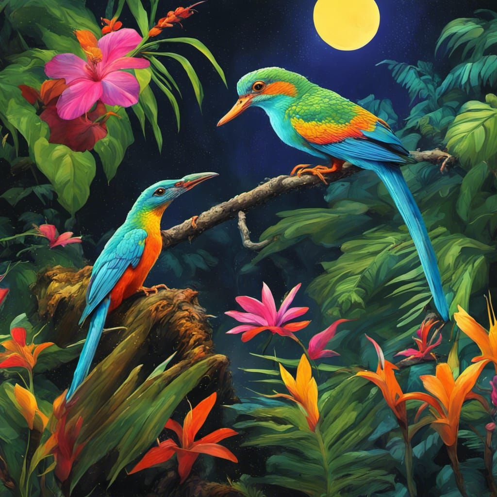 Vivid Tropical Rainforest Scene with Exotic Wildlife