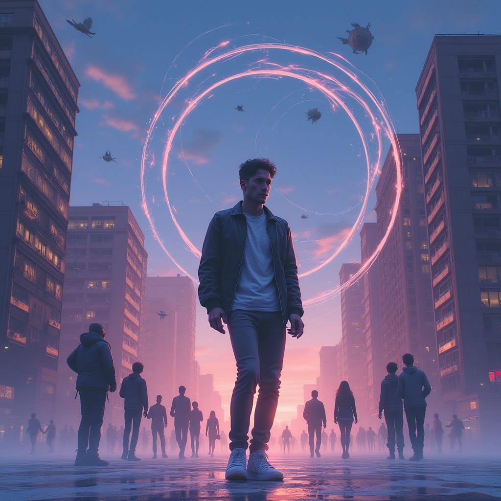 Time-Stopping Man in Frozen Cityscape: Sci-Fi Art