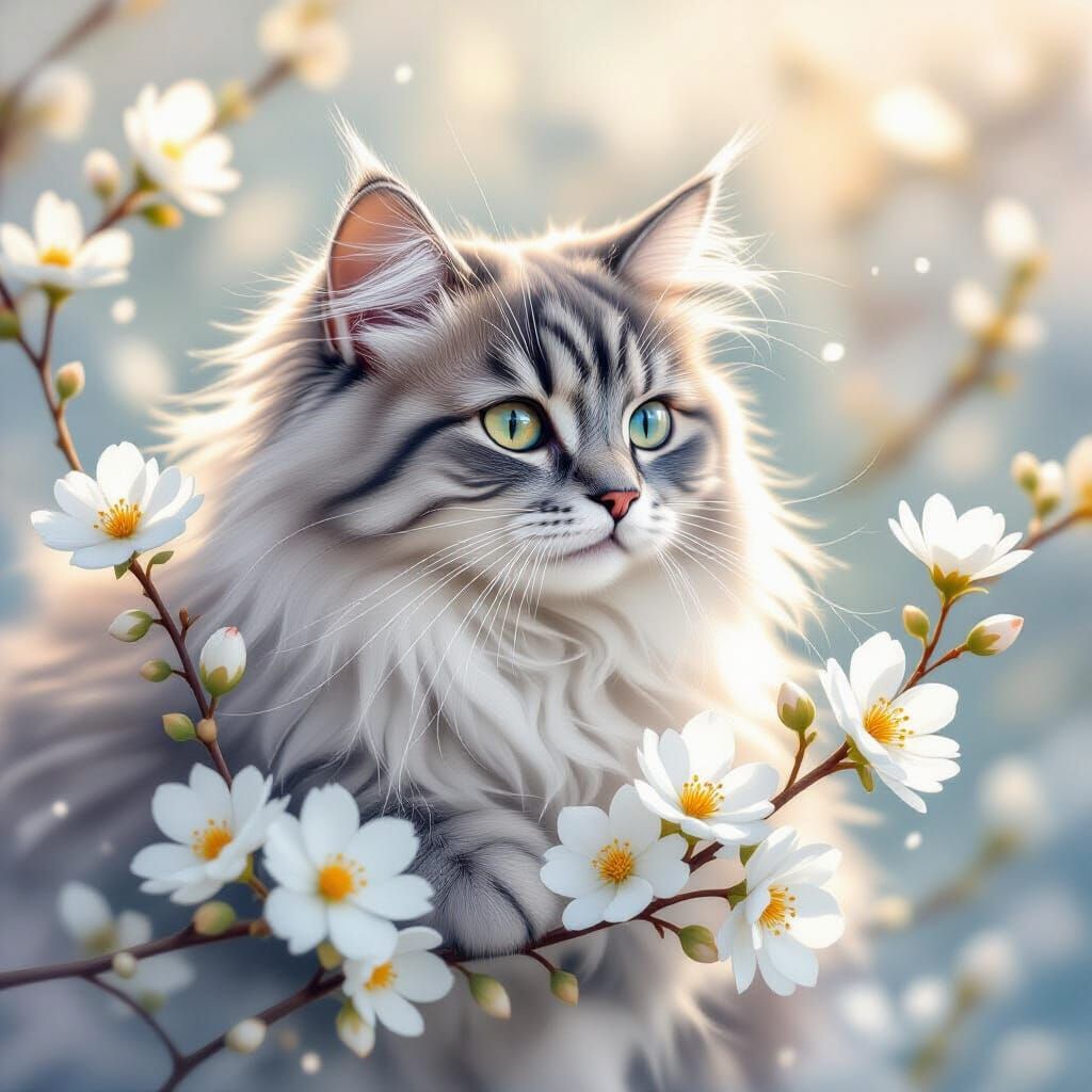 Angora Cat Among Flowers in Watercolor Style