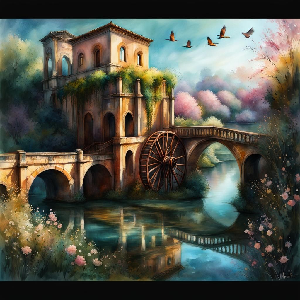 Pastel Watercolor: Spiraling Aqueducts and Water Wheels