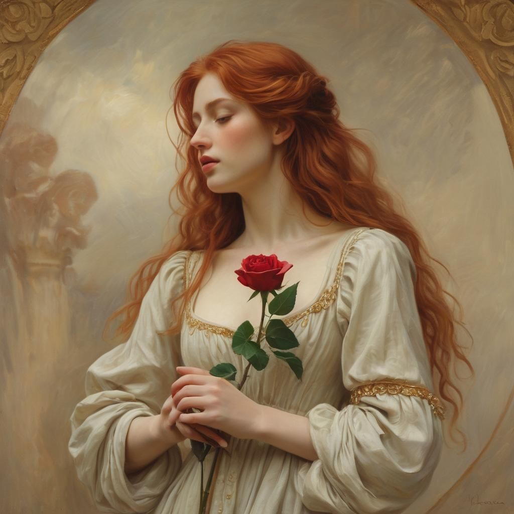 Woman with Rose: A Romantic Pre-Raphaelite Painting