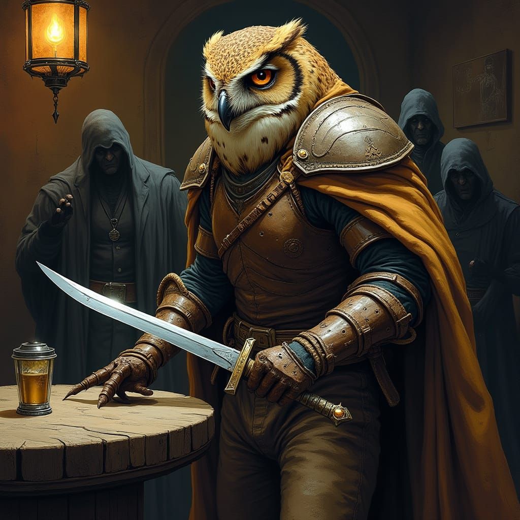 Gritty Owl Ranger Deals with Shady Figures in a Noir Tavern