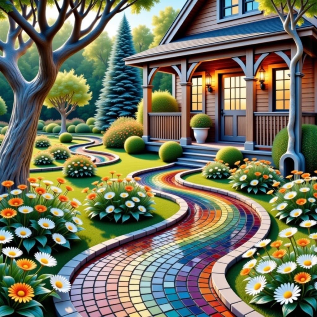 Lush Garden Path Illustration with Rustic House