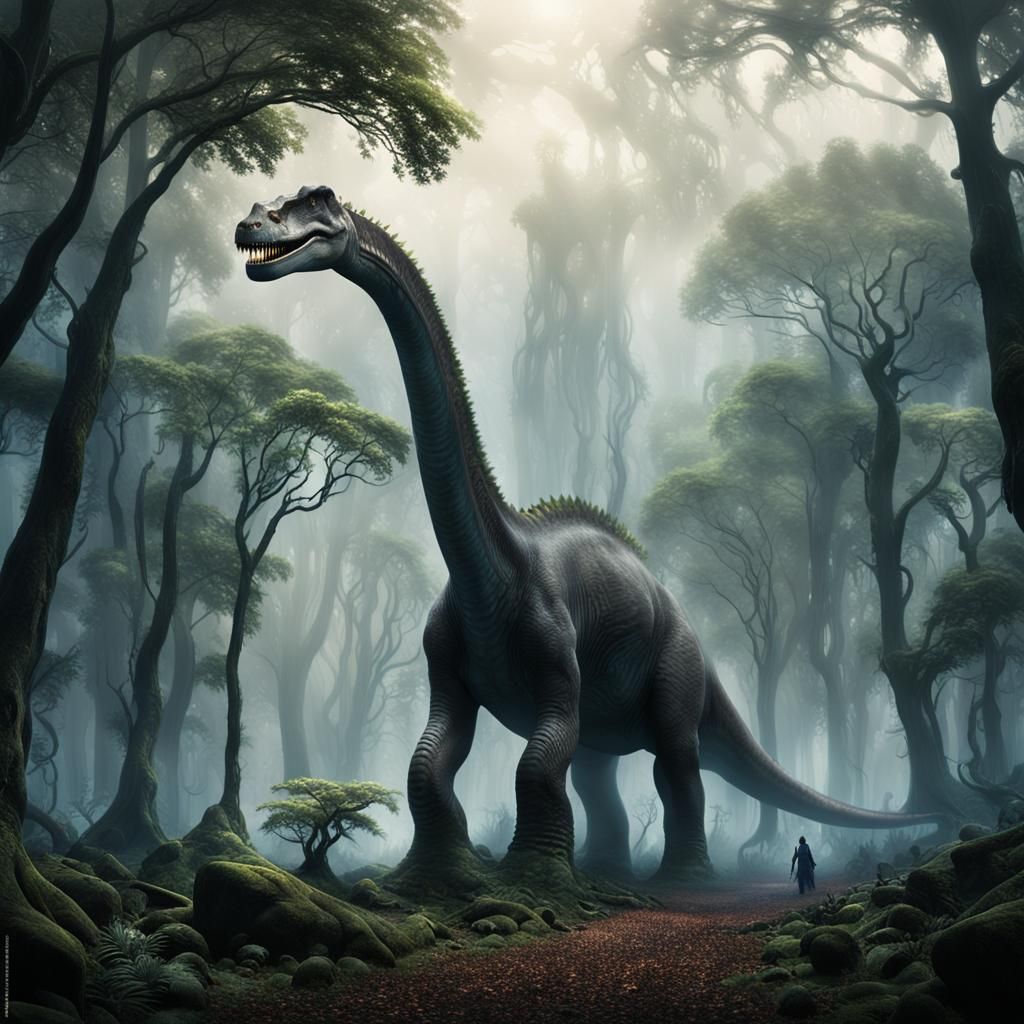 Surreal Prehistoric Landscape of a Diplodocus in a Misty For...