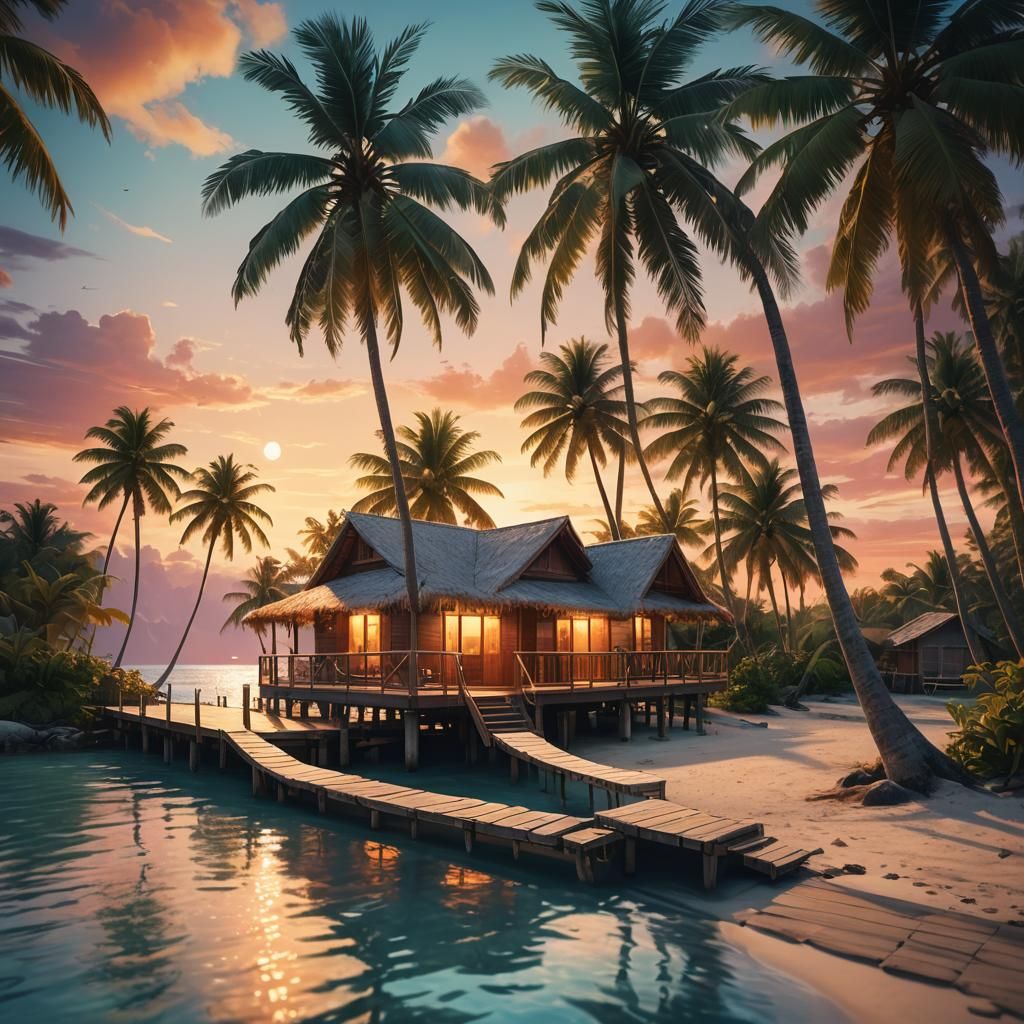 Tropical Beach Bungalow at Sunset in Hyper-Realism