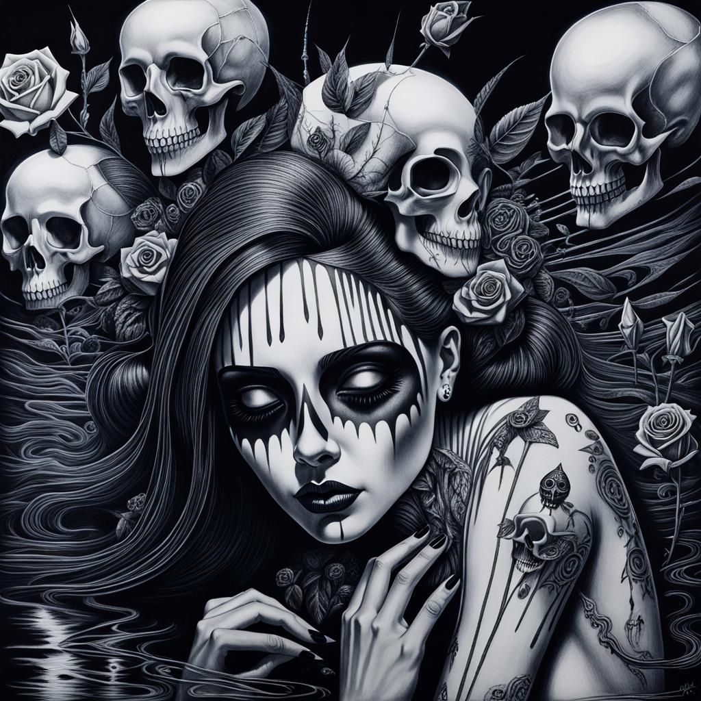 Gothic Woman in Pain: Surreal Crayon Drawing