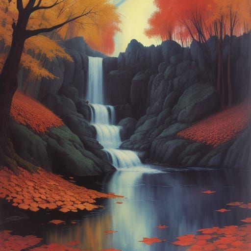 Vampire's Autumn Waterfall in Expressive Art Style