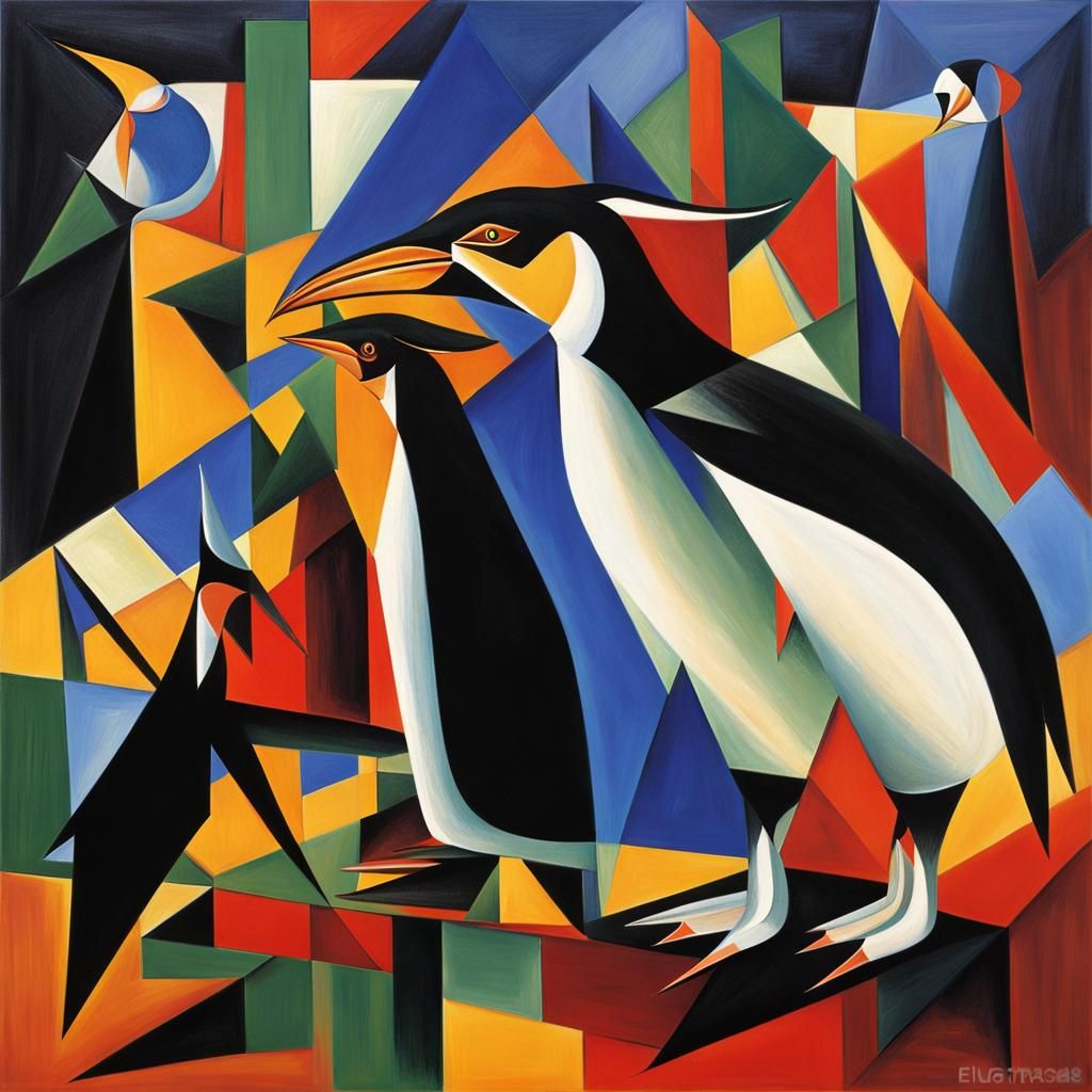 Murder Penguin and Fainting Goat in Cubism Style