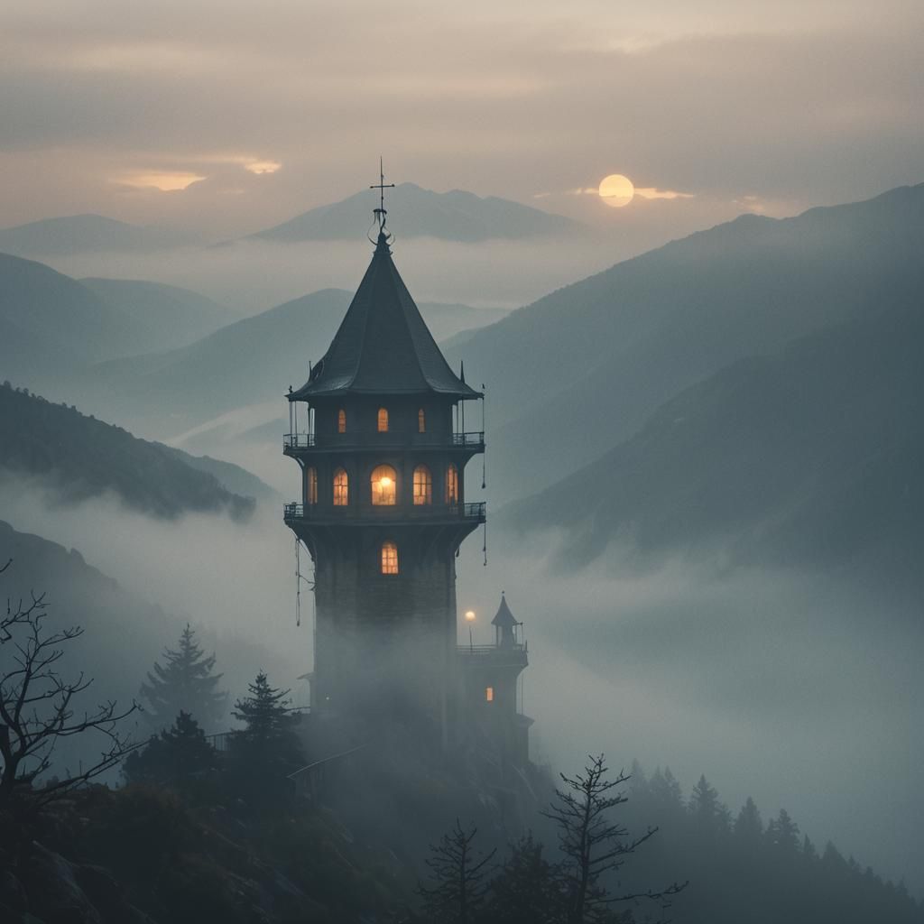 Tower Peeking Through Fog in Film Noir Style