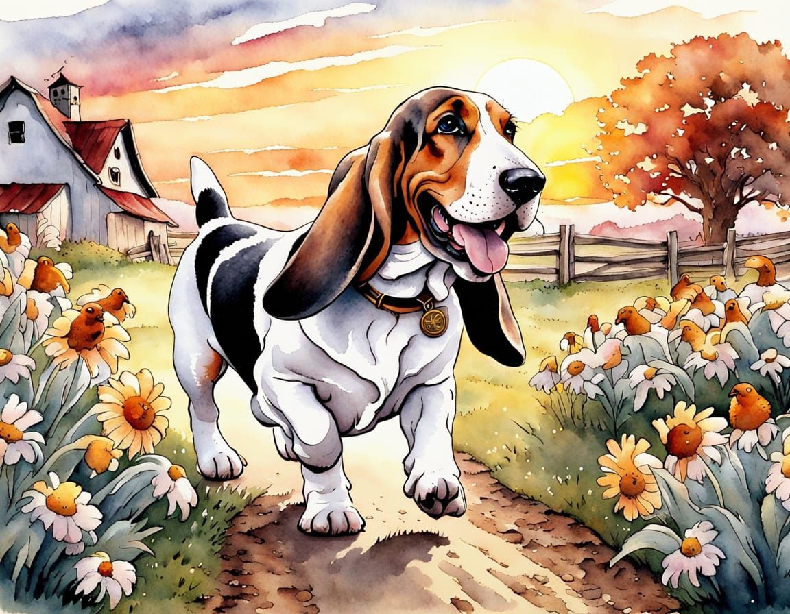 Adorable Basset Hound Chasing Chickens at Sunrise