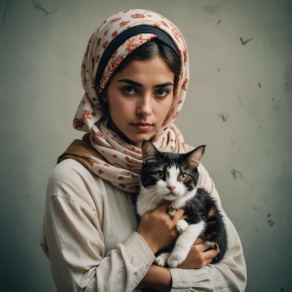 Girl with Headscarf and Fluffy Calico Cat