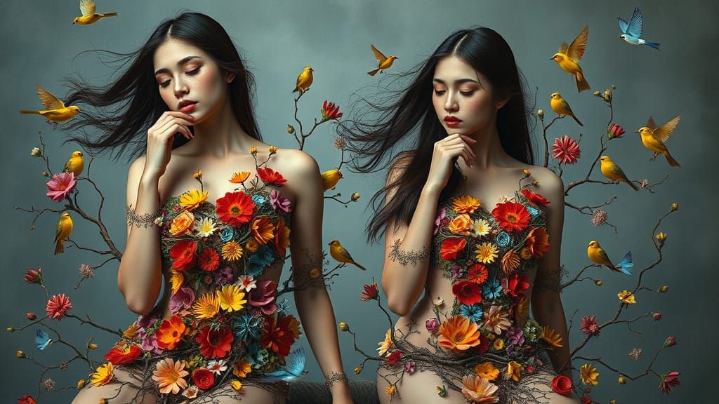 Two Women Composed of Blooming Florals in a Serene Surrealis...
