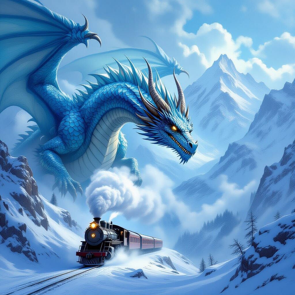 Ancient Dragon Soars Over Snowy Mountains Above Vintage Trai...