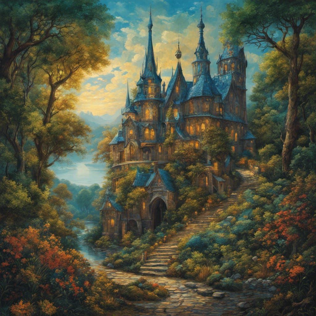 High Gothic Oak Tree under Moonlit Sky