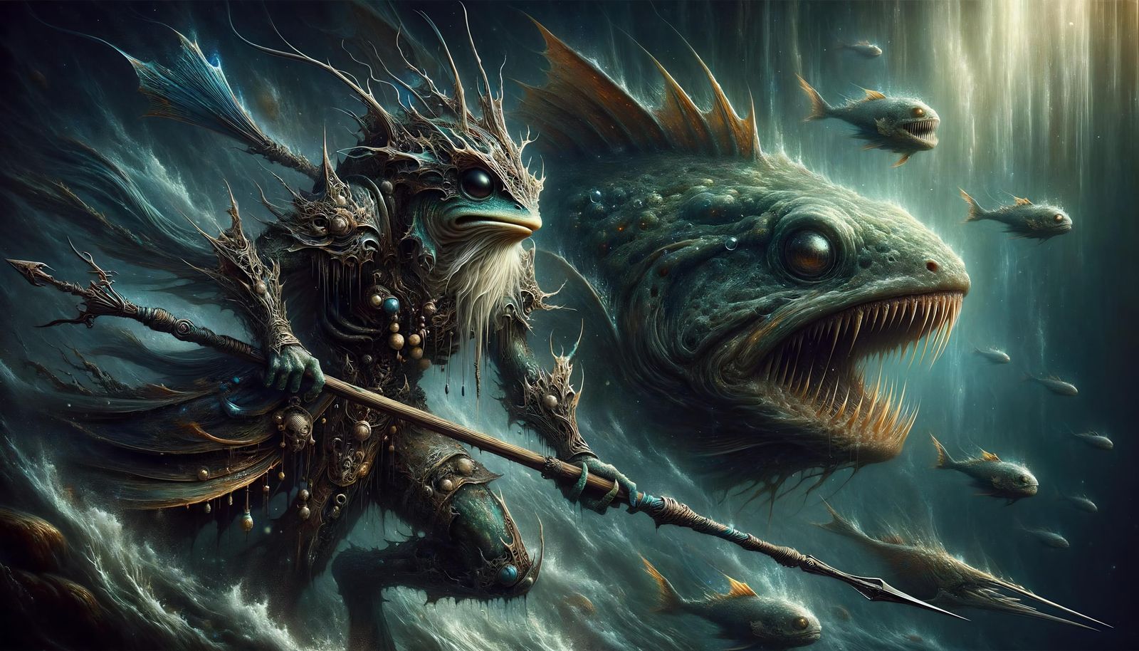 Mystical Underwater Warrior Confronts Sea Entity