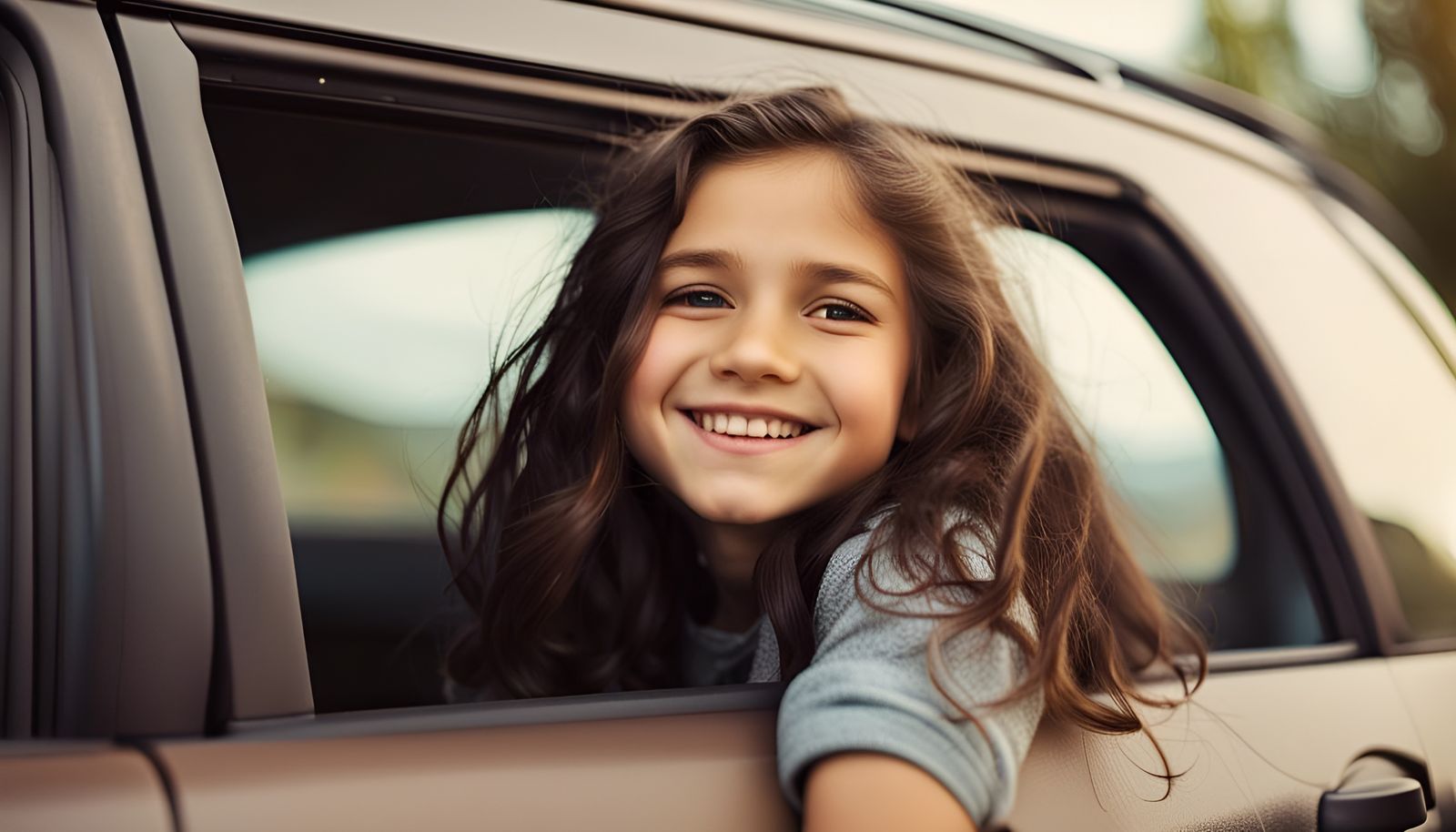 Smiling Girl Looks Out Car Window in Photo