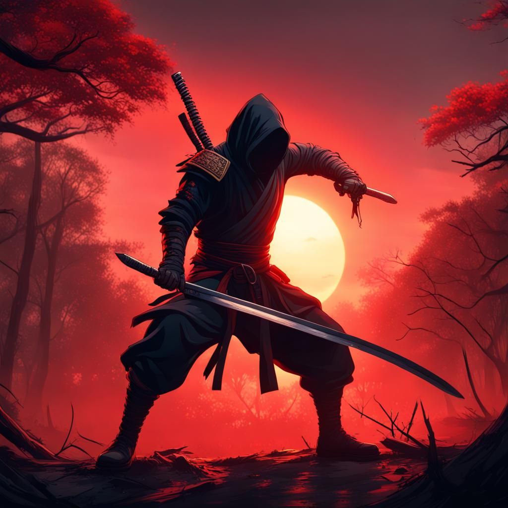 Ninja Assassin in Forest at Sunset: Matte Painting