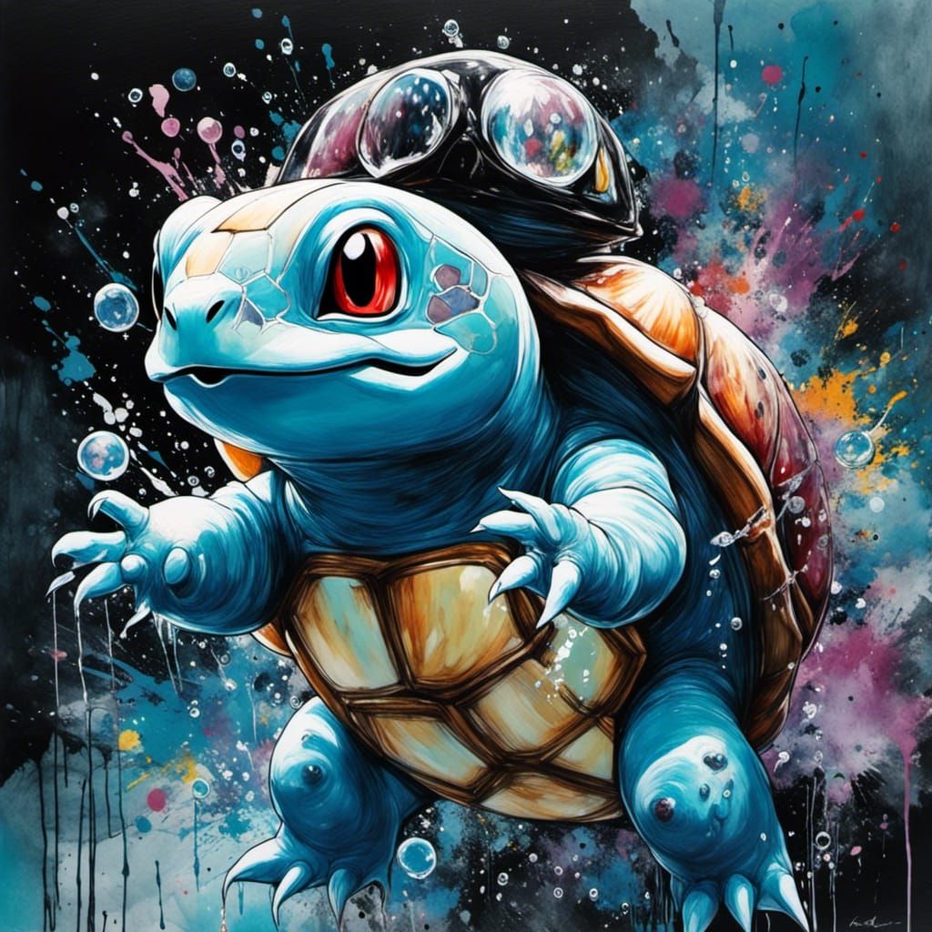 Squirtle Pokémon in Watercolor Splash Art Style