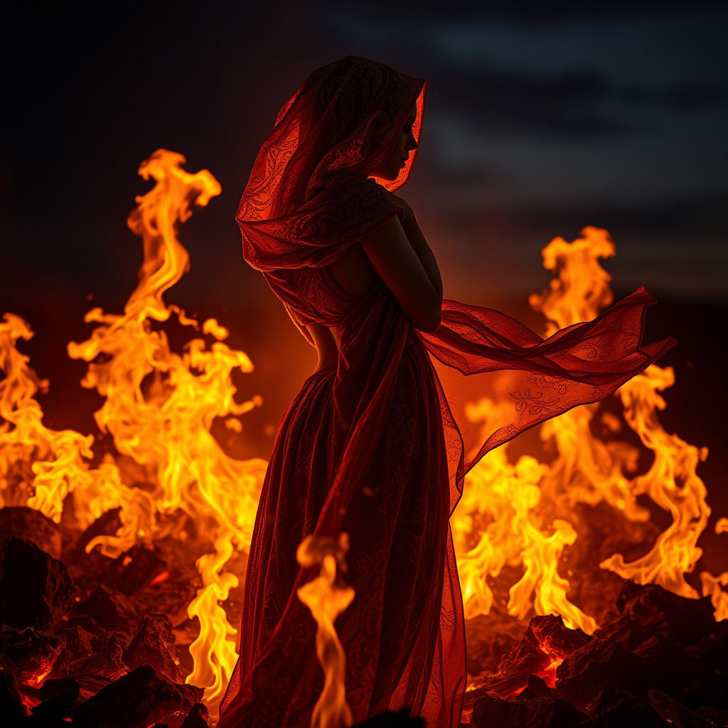 Woman in Fiery Cloak Under Night Sky