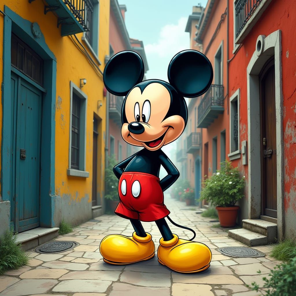 Mickey Mouse Rodent Hybrid in Whimsical Alleyway