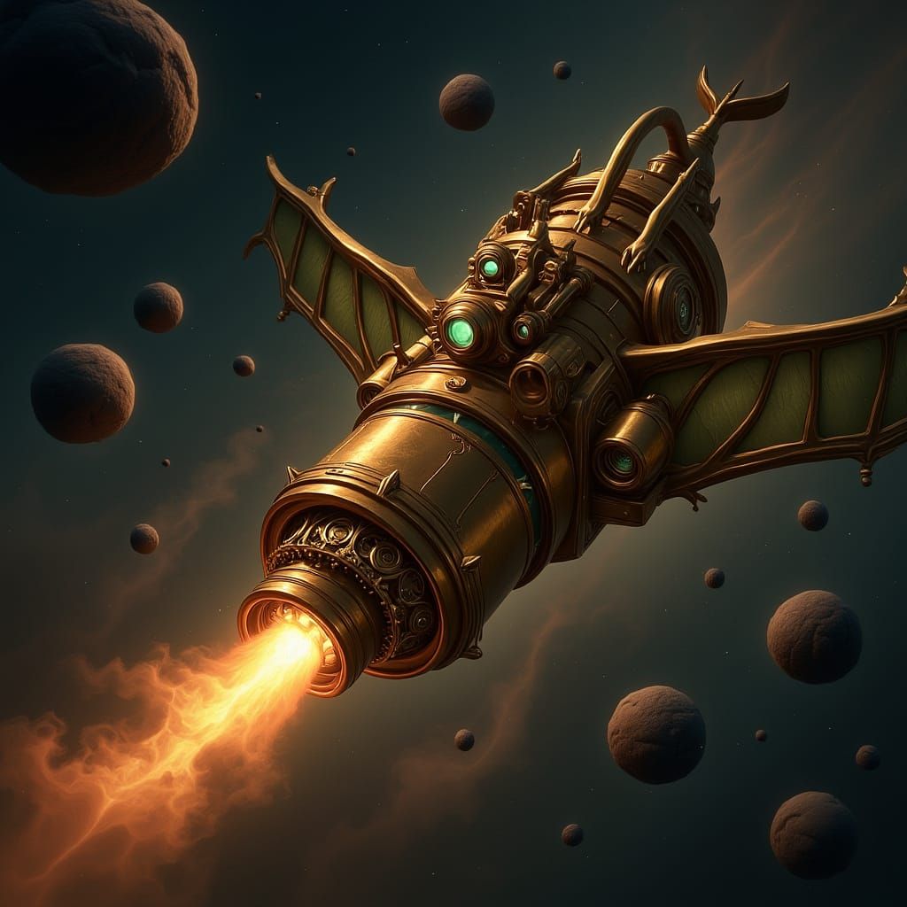 Steampunk Dragon Spacecraft Soaring Through Nebula
