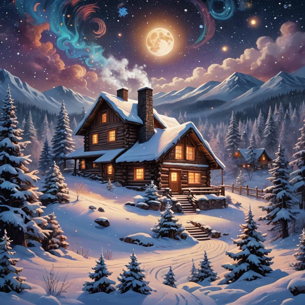 Snowy Cabin in Cosmic Folk Art Style