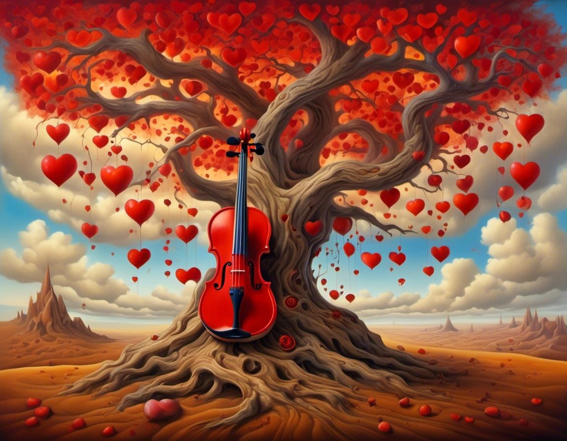 Violin Tree in Surreal Landscape, Oil Painting