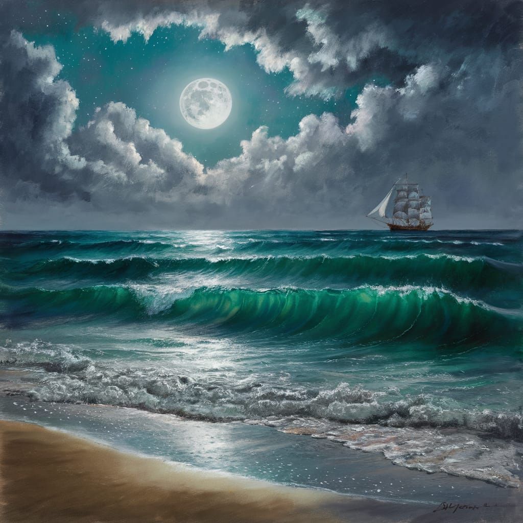 Moonlit Ocean Painting with Sailing Ship