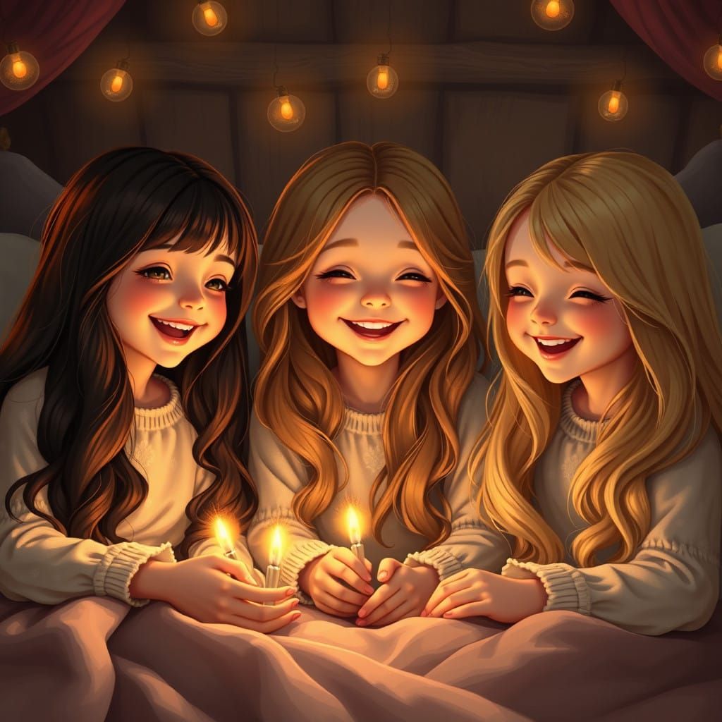 Dreamlike Sleepover Scene of Three Girls with Long Hair