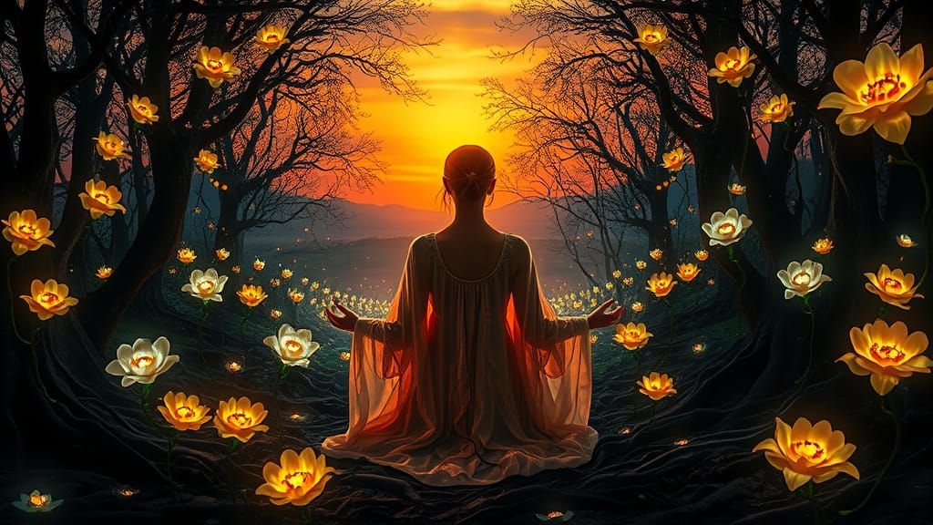 Golden Goddess Amidst Luminous Dreamscape in Expressionist S...