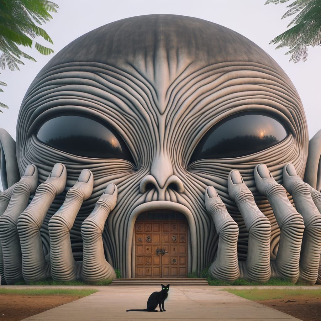 Photo-Realistic Alien Head Building with Black Cat