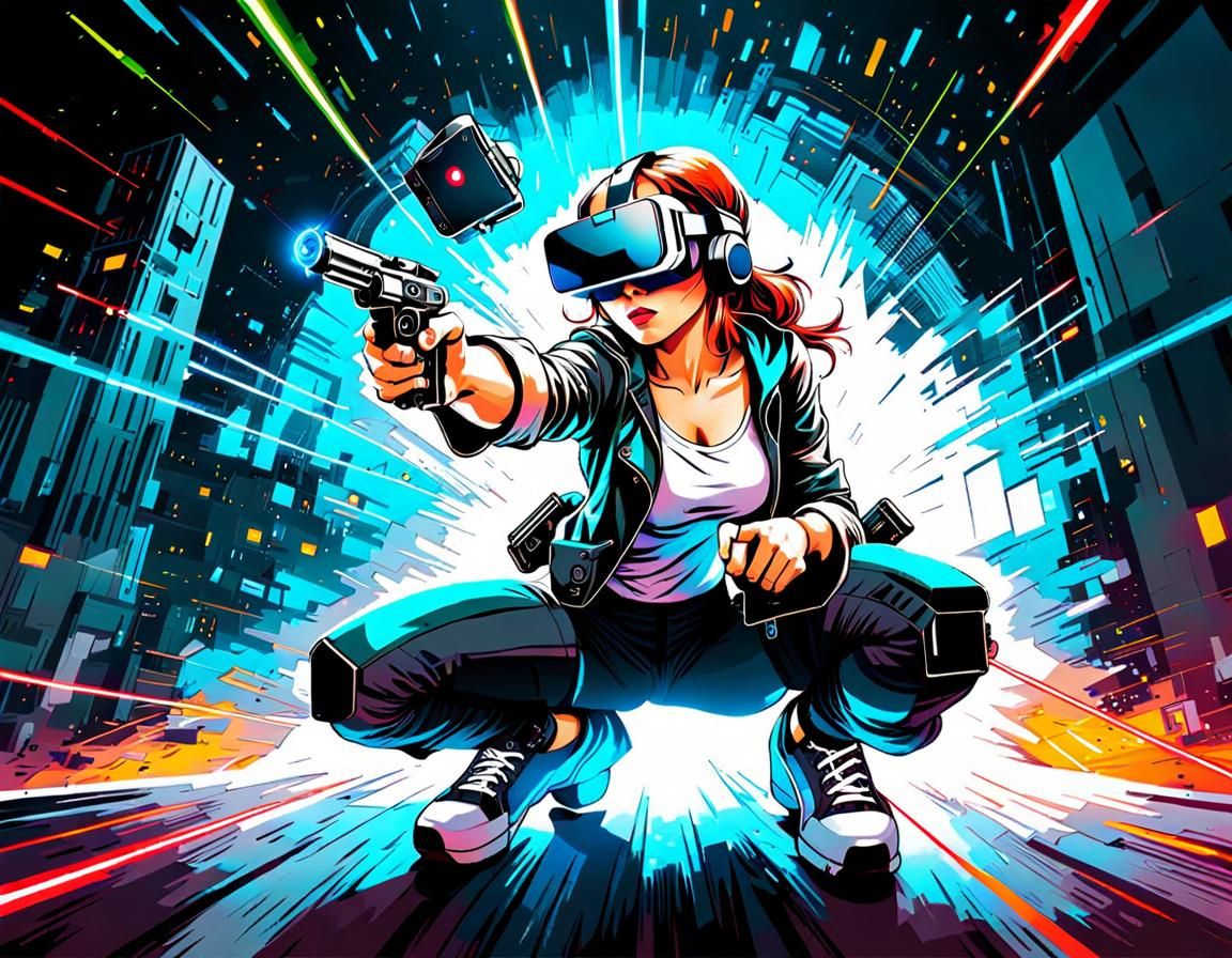 VR Gamer Girl in Simulated Post-Apocalyptic Action