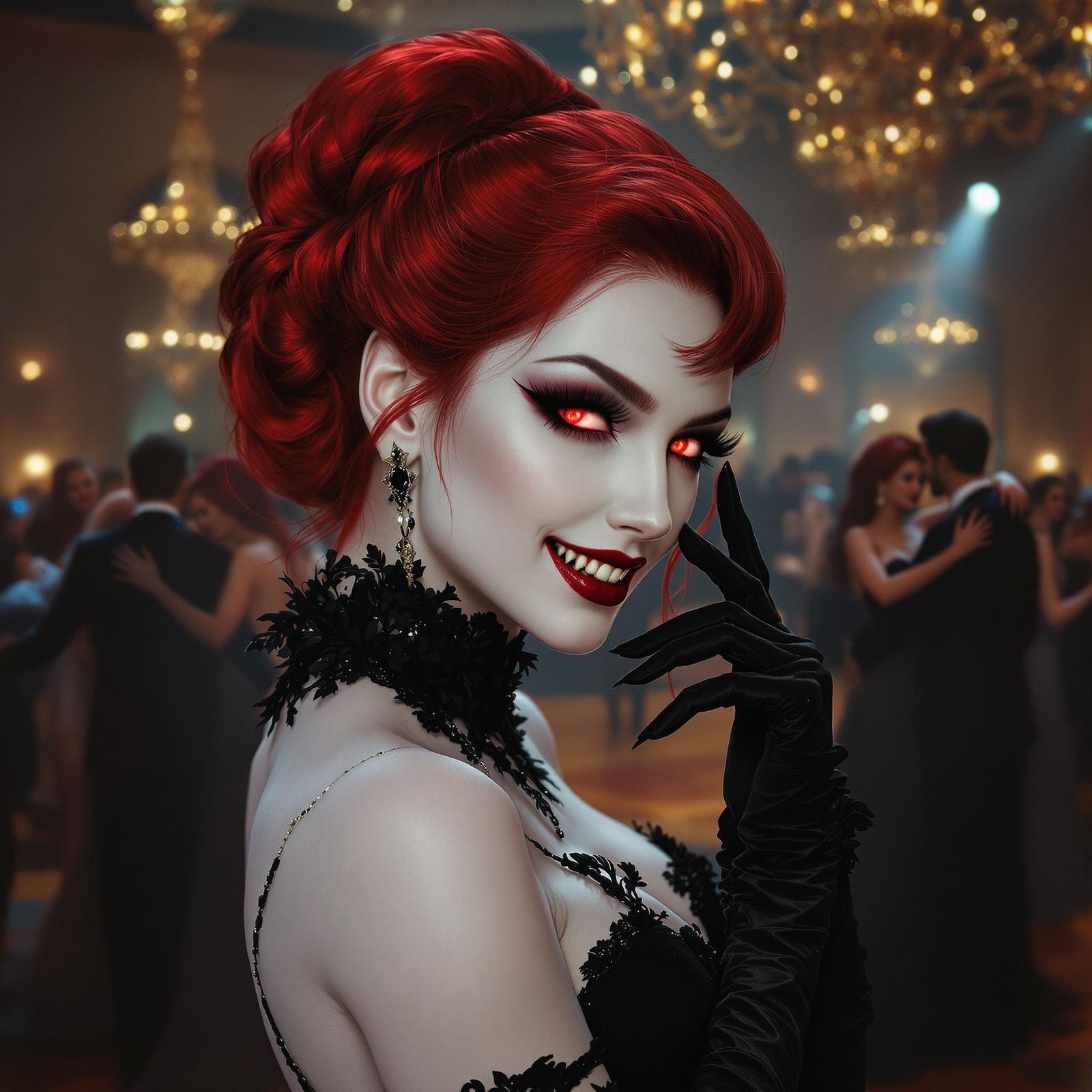 Elegant Vampire Woman on the Ballroom Floor