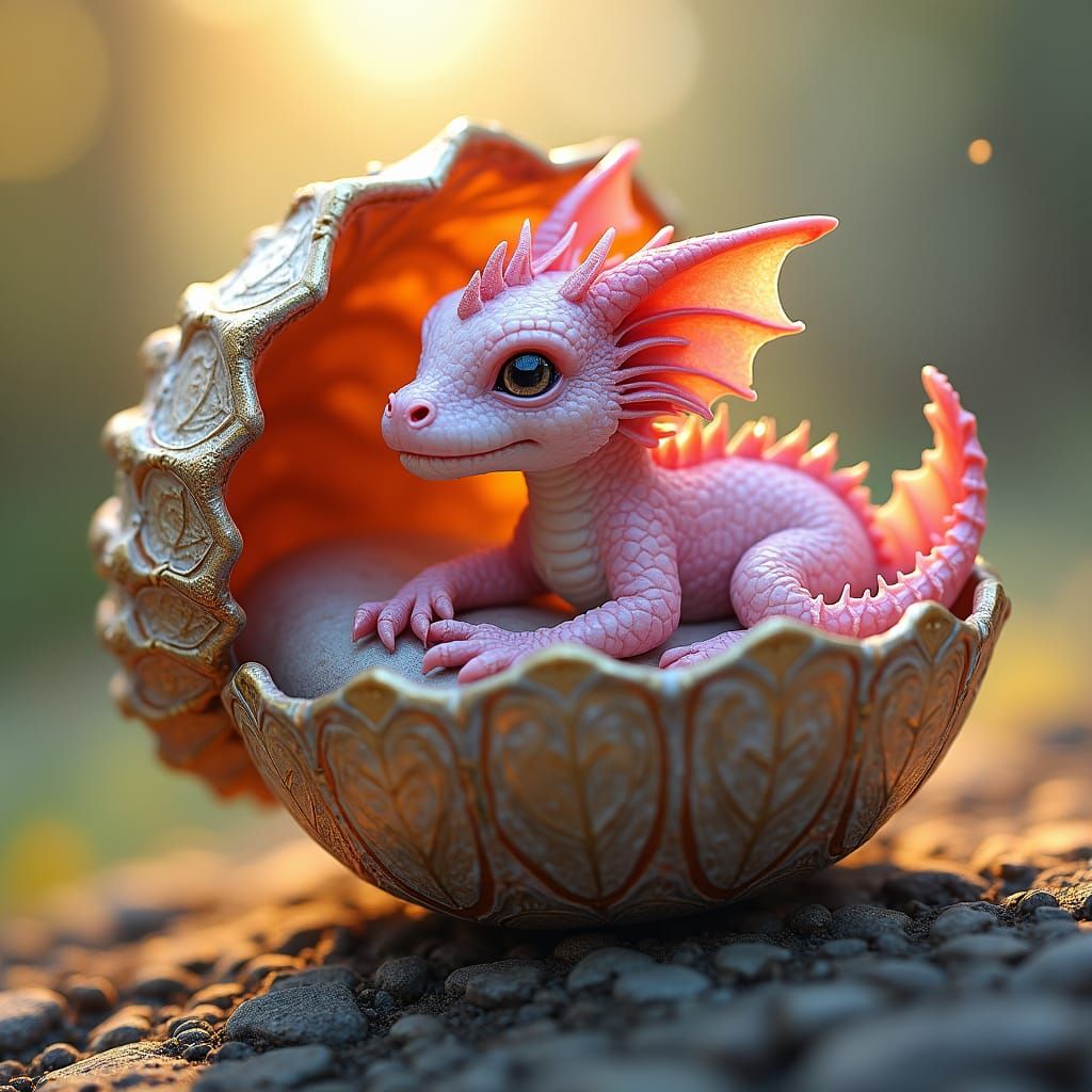 Delicate, newborn pink dragon emerging from a cracked shell, surrounded by soft, blended brushstrokes and intricate mosa...