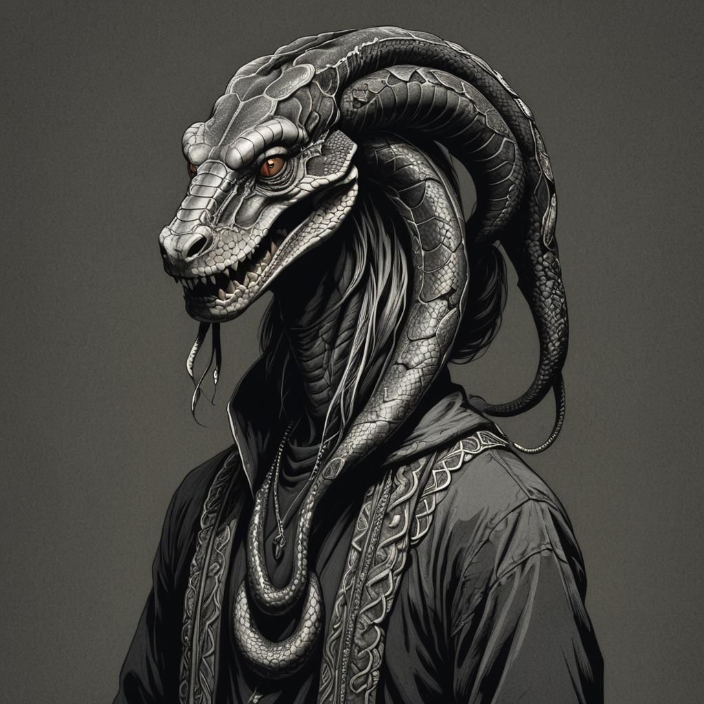 Anthropomorphic Snake-Man in Engraving Style Drawing