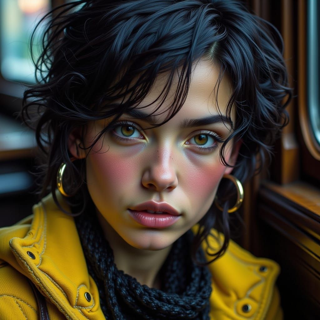 Expressive Woman's Face in Dramatic Train Lighting