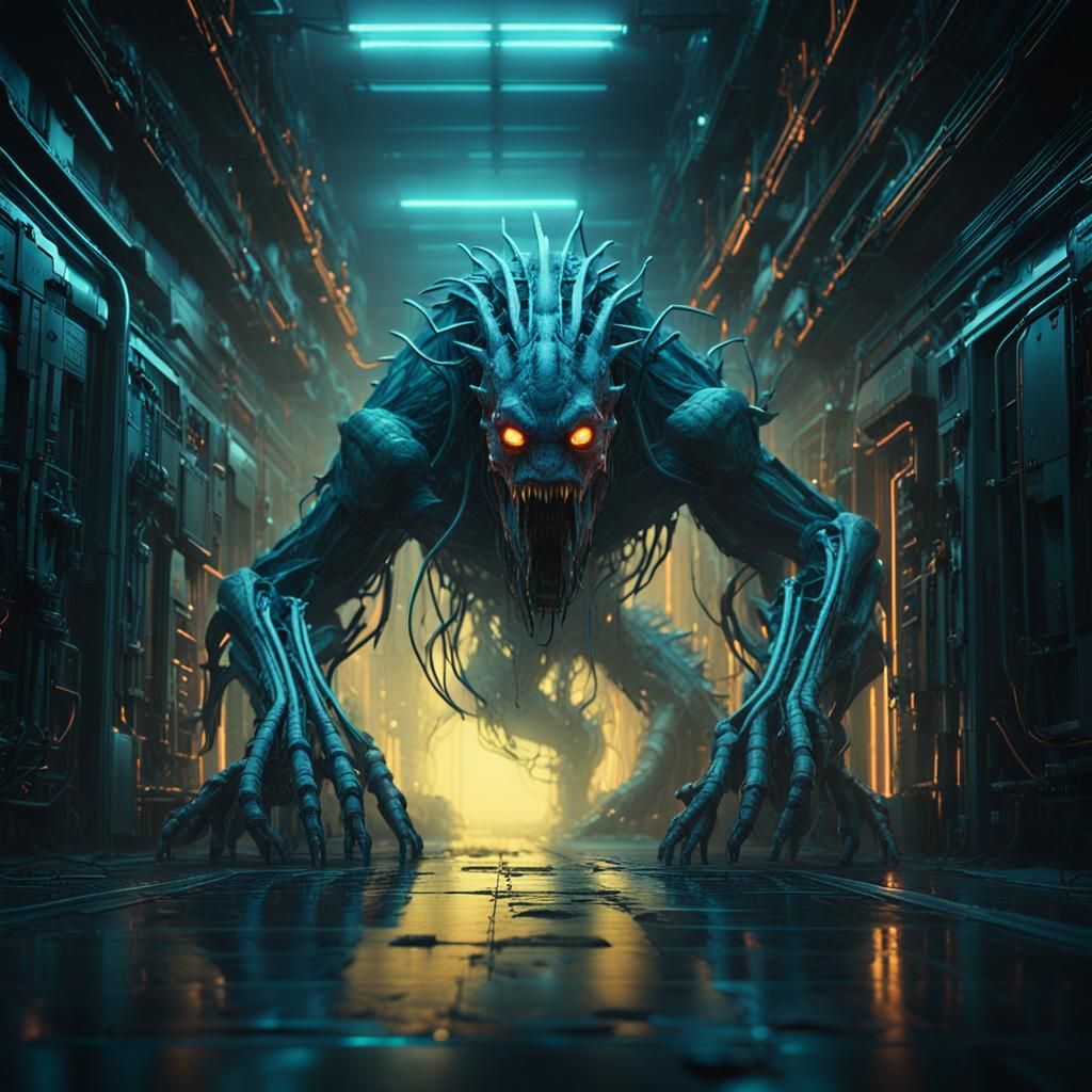 Biomechanical Sci-Fi Monster in Metallic Corridors