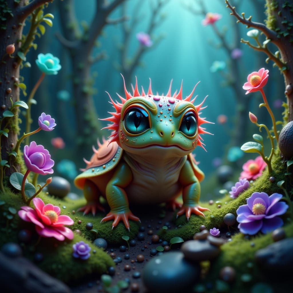 Frog-Tortoise Creature in Bioluminescent Forest