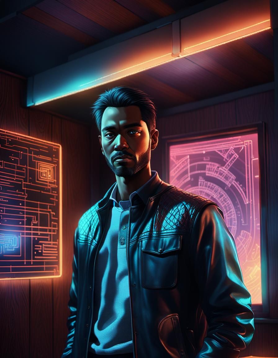 Futuristic Gentleman Working with Holographic Screen