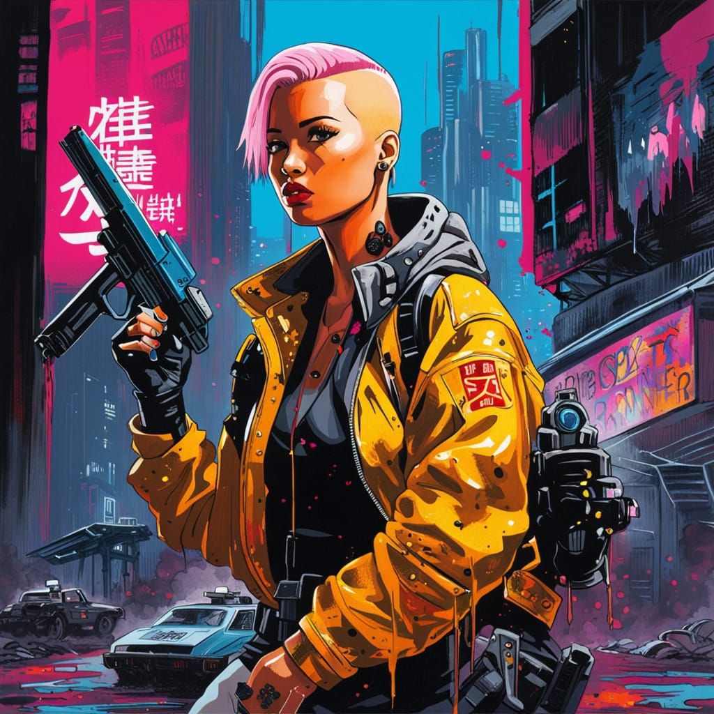Cyberpunk Amber Rose Hiding from Police Mechs
