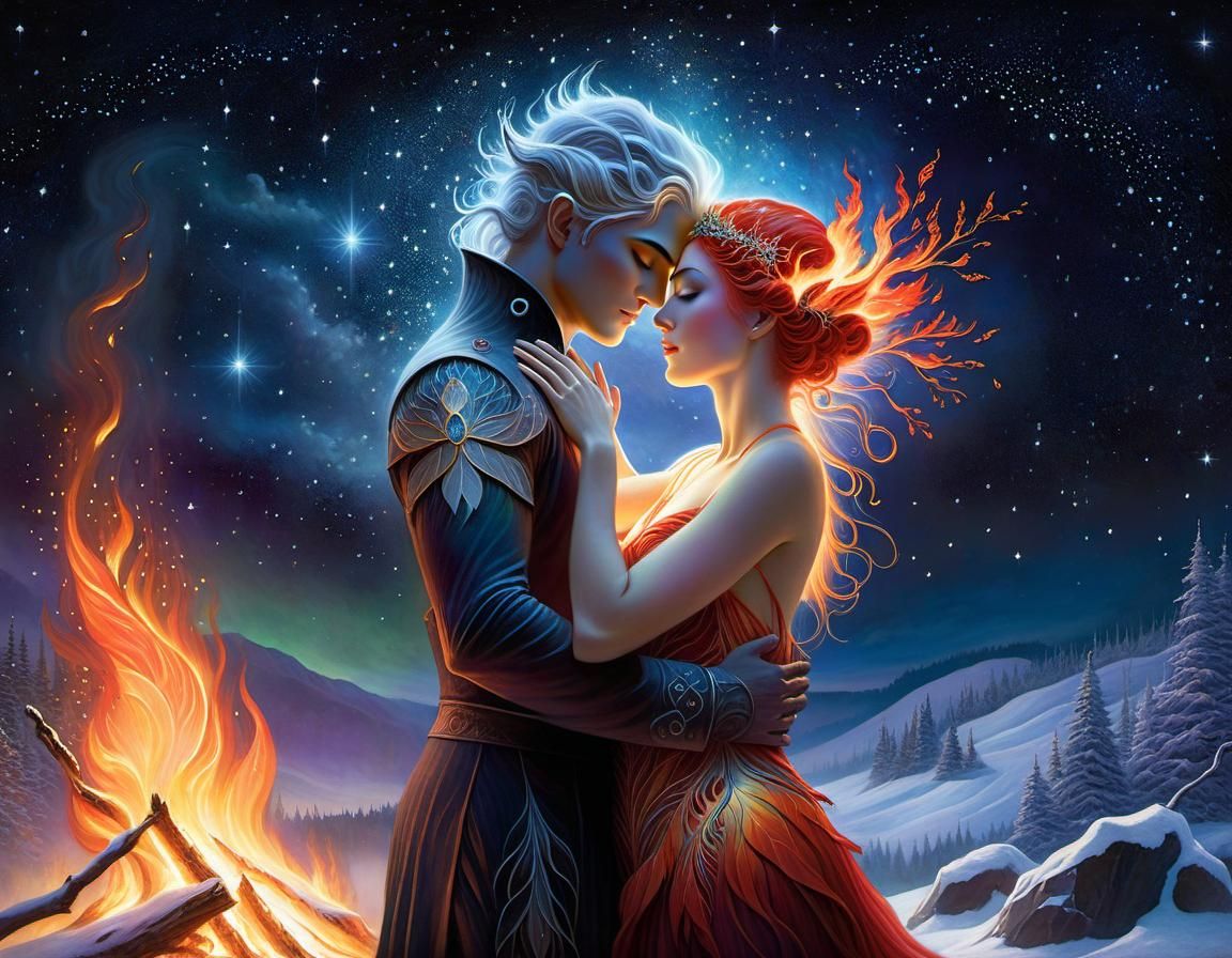 Ice Dryad and Fire Spirit Embrace under Starry Night